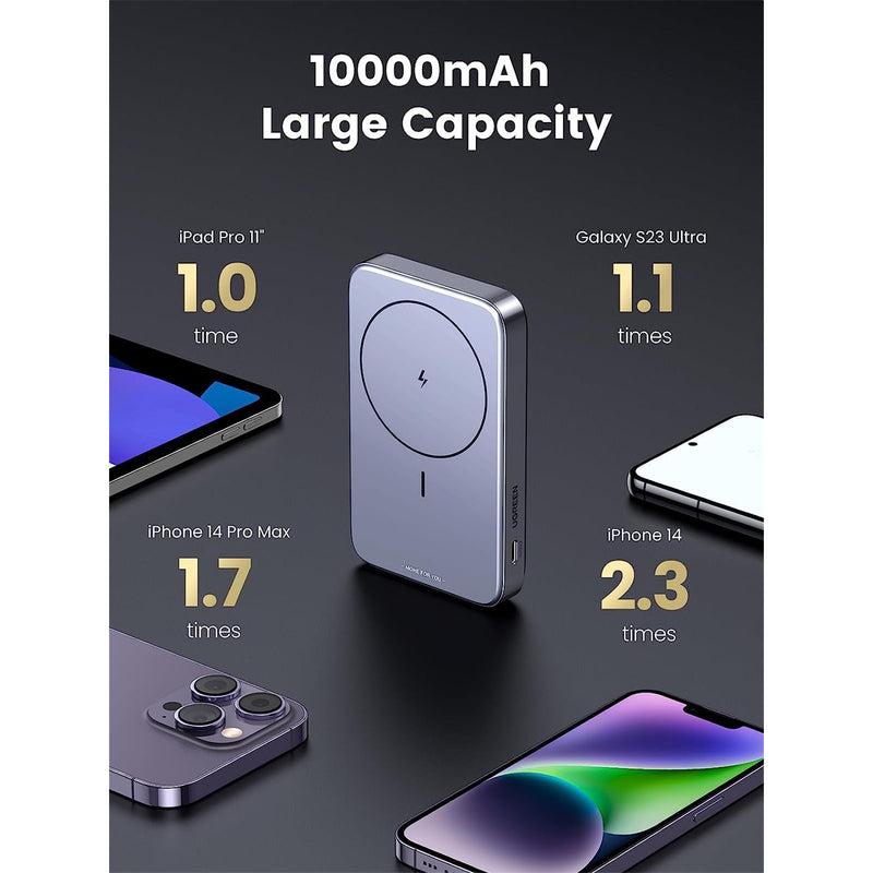 UGREEN Magnetic Wireless PD 20W 3 Ports Wireless Portable Power Bank Battery Pack with Foldable Kickstand - Space Gray - 10000mAh
