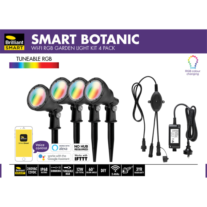 Brilliant Smart Wi-Fi RGB+White Garden Light Kit Smart App Control, 4 x LED spotlight, each with 2.2m cable, 160mm plastic stake, 3W per head RGB, IP68, Remote Control Enabled