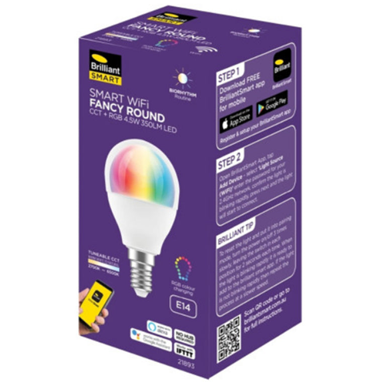 Brilliant Smart WiFi LED RGB G45 (2 Pack) 350 Lumens, 4.5W, Dimmable, Smart Light Bulb Bio-Rhythm Lighting Via BrilliantSmart App Remote Control Enabled 220 degrees Beam Angle