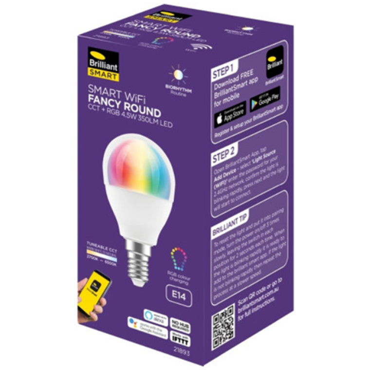 Brilliant Smart WiFi LED RGB G45, (3 Pack) 350 Lumens, 4.5W, Dimmable, Smart Light Bulb Bio-Rhythm Lighting Via BrilliantSmart App Remote Control Enabled 220 degrees Beam Angle