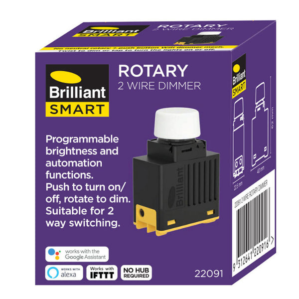 Brilliant Smart 2 Wire Rotary WiFi Smart Dimmer Suitable for LED, Incandescent & Halogen dimmable lighting