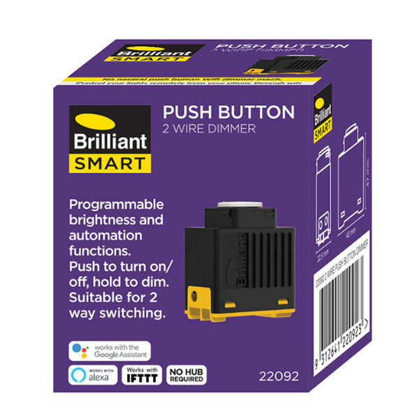 Brilliant Smart 2 Wire Pushbutton WiFi Smart Dimmer Suitable for LED, Incandescent & Halogen dimmable lighting