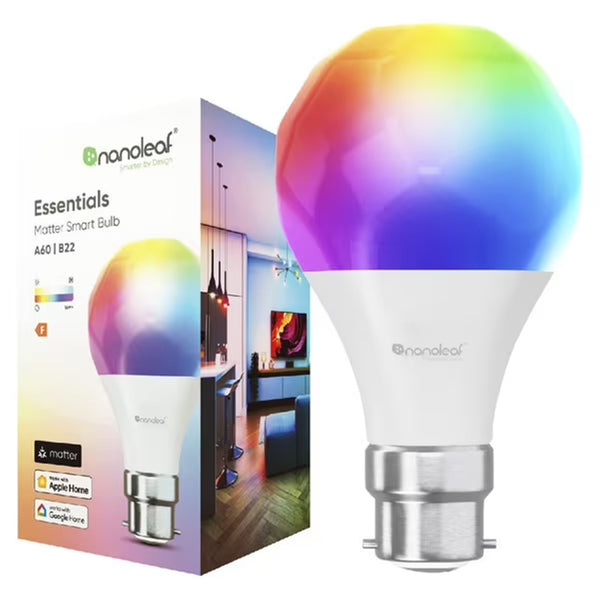 Nanoleaf Essentials Matter LED RGB Smart Light Bulb B22, maximum luminous flux of 1100lm, RGB, Colour adjustable and Dimmable Remote Control Enabled