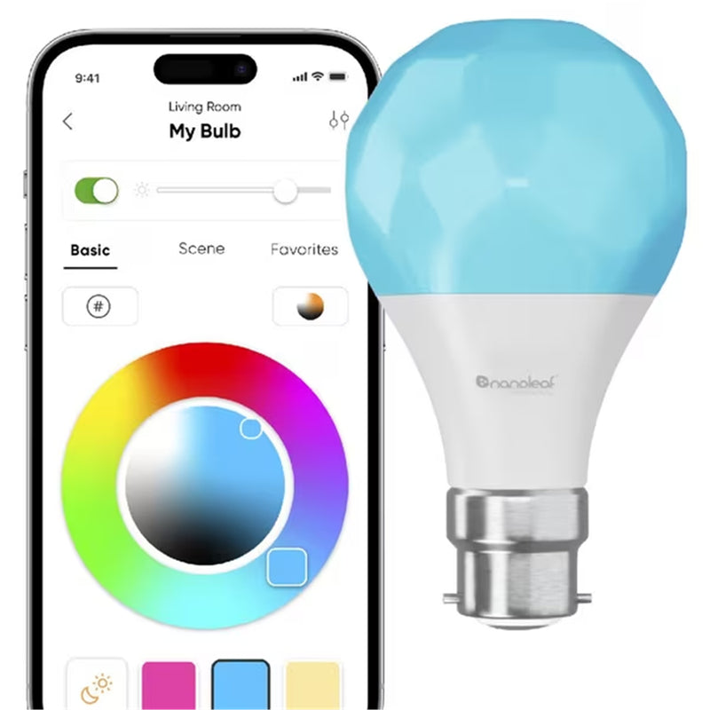 Nanoleaf Essentials Matter LED RGB Smart Light Bulb B22, maximum luminous flux of 1100lm, RGB, Colour adjustable and Dimmable Remote Control Enabled