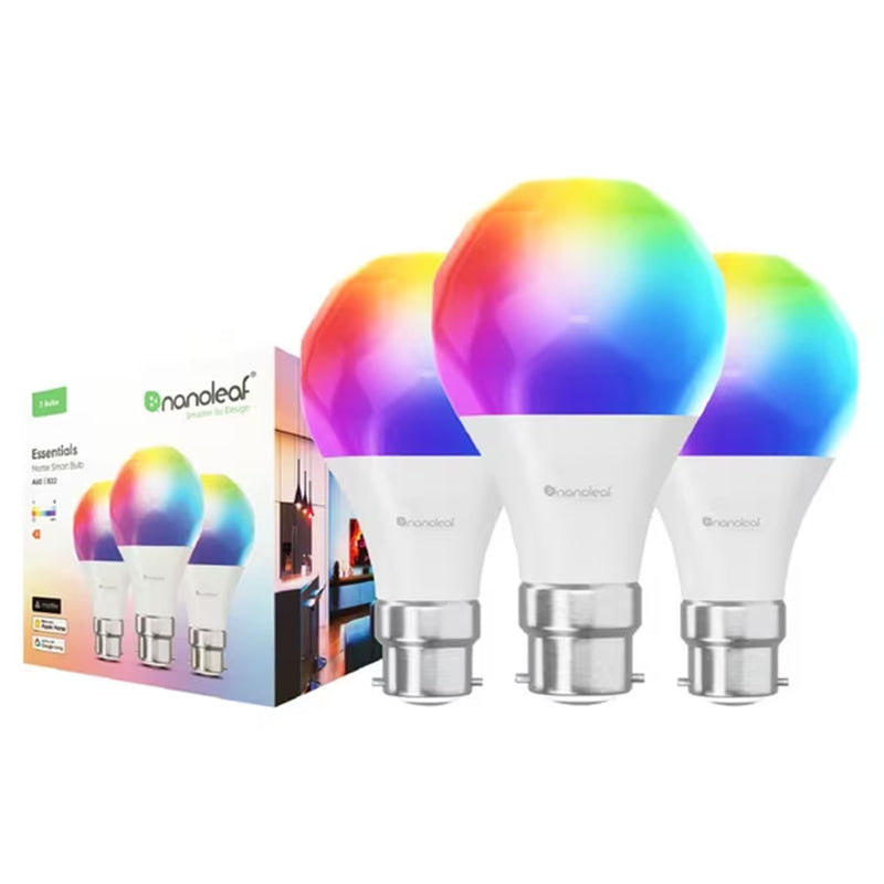 Nanoleaf Essentials Matter WiFi LED RGB Smart Light Bulb B22 (3 Pack) maximum luminous flux of 1100lm, RGB, Colour adjustable and Dimmable Remote Control Enabled