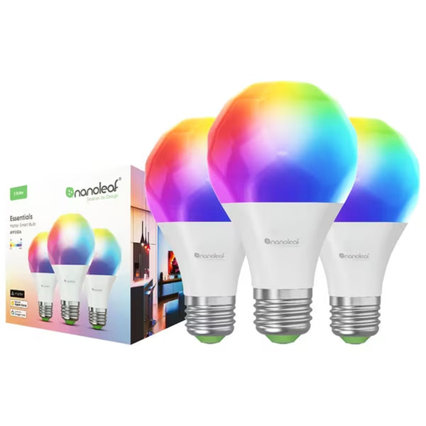 Nanoleaf Essentials Matter WiFi LED RGB Smart Light Bulb E27(3 Pack) , maximum luminous flux of 1100lm, RGB, Colour adjustable and Dimmable Remote Control Enabled
