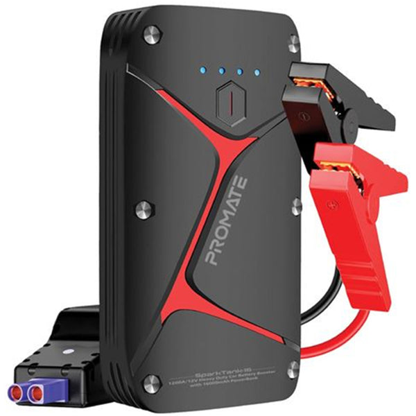 Promate Sparktank-16.blk 12V IP67 Car Jump Starter with Built-in 16000mAh Powerbank - 80lm LED Flashlight, Damage-free Smart Clamps to Protect against Short Circuits, Micro-USB & USB-C Inputs - 2x USB-A Outputs