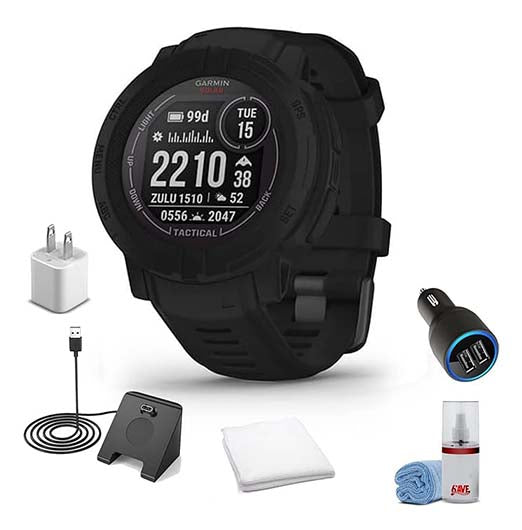 Garmin Instinct 2 Solar - Black (45MM) + Watch Charging Stand + USB Car/Wall Adapter + 6TH AVE Cleaning Kit + Sweat Workout Towel (010-02627-13)