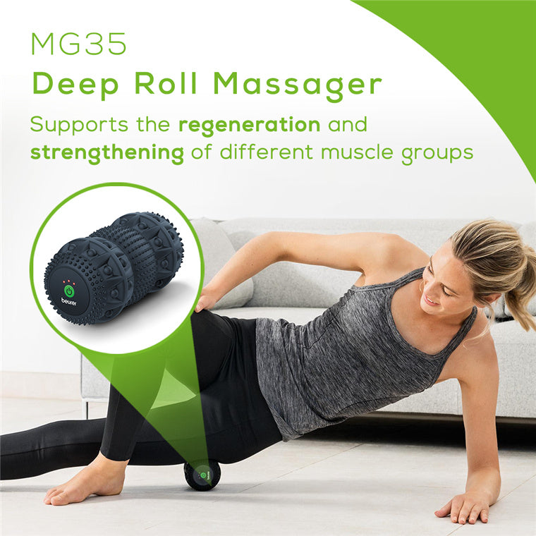 Beurer Fitness MG35 Deep Massage Roller with Vibration, Fascia Roller for Trigger Point Massage, 3 Intensity Massage Levels,