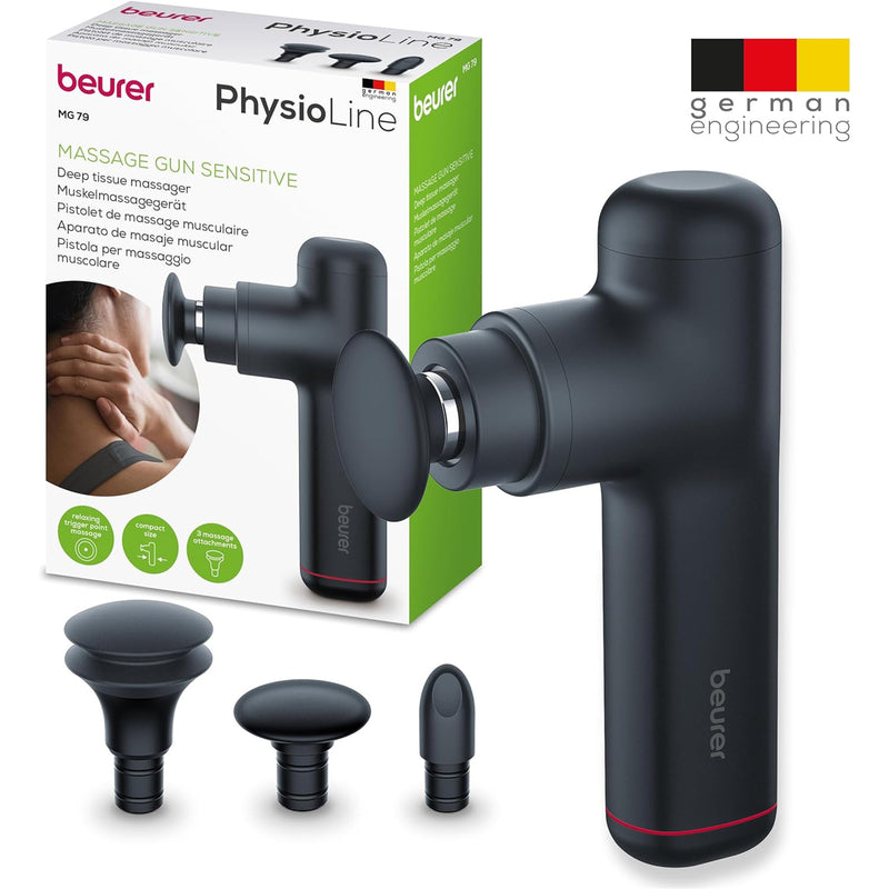 Beurer Fitness MG79 Sensitive Deep Tissue Massage Gun 3 head attachments, 3 speed settings, 3 Hours Operation time, 1.5 Hours Charging time