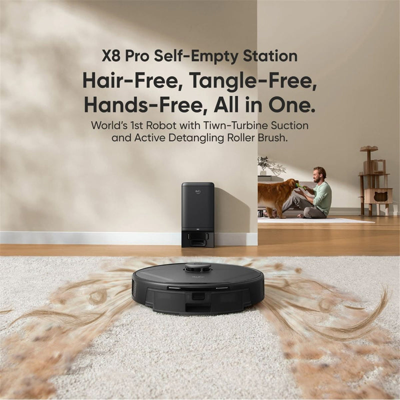 Eufy Clean X8 Pro SES Robotic Vacuum With Self Empty Station Twin Turbine 2* 4,000 Pa of Suction, iPath Laser Navigation, Up to 45 Days Hands free Cleaning, Detangling Roller Brush