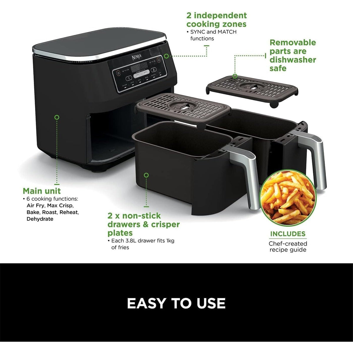 Ninja Foodi Af300 Dual Zone Air Fryer 7.6L Air Fryer - Max Crisp - Bake -Air Roast - Reheat - Dehydrate