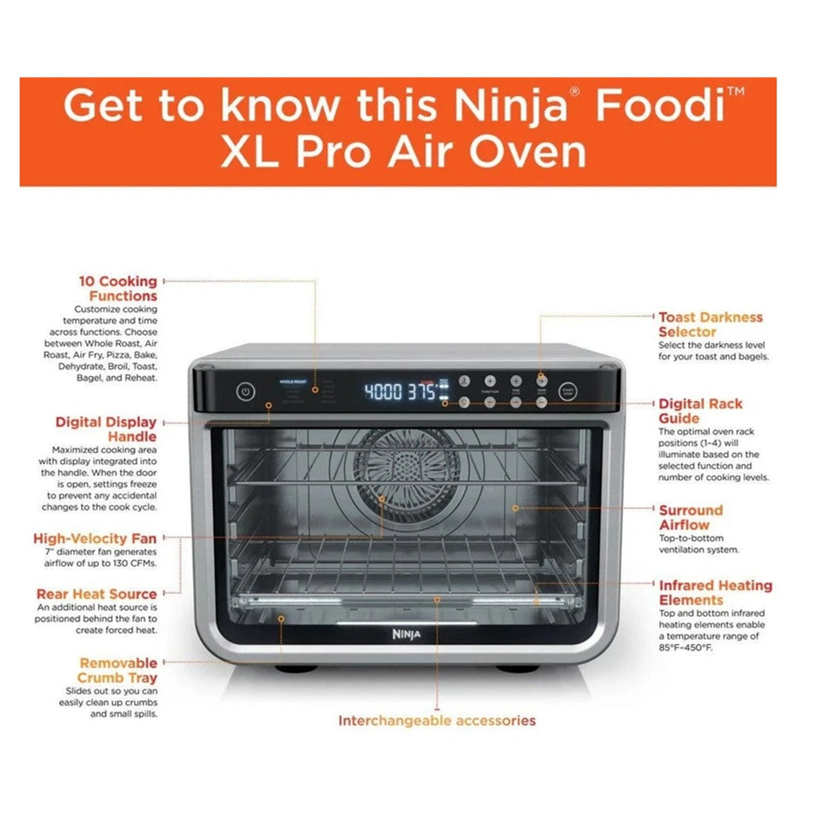 Ninja Foodi DT200 XL 10 In 1 Air Fry Oven True Surround Convection For faster, crispier results. quick family meals on 2 levels, no rotation required