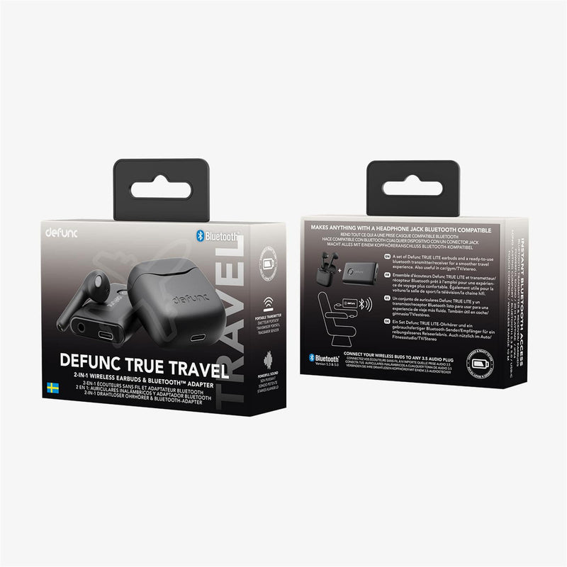 Defunc TRUE TRAVEL Kit ( Black ) Wireless Bluetooth Transmitter / Receiver Bundle with True Wirelss Earbud - Compatible with phones & pads of iOS/Android & all Bluetooth audio devices