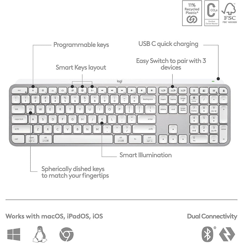 Logitech MX Keys S Advanced Wireless Illuminated Keyboard - Pale Grey