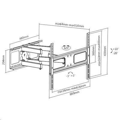 Brateck Lumi LPA36-466 37-70" Full Motion Bracket Tilt -20 +10deg, Swivel -60 +60deg, Level Adjust-3 +3deg. TV to wall 64-510mm.Max VESA 600x400.50kg Max load. Solid Wall or Double Stud Install.