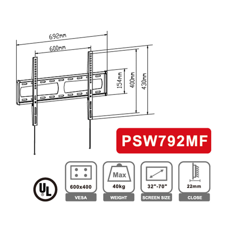 Loctek Eco Mount, 32"-70" Fixed TV Wall Mount, - Max Load 40 kg - Max VESA 600x400mm - TV To Wall 22mm - 5 Year Warranty