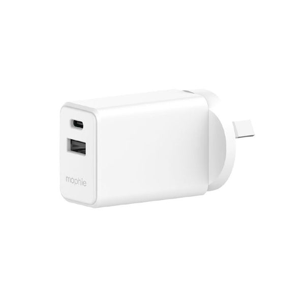 Mophie Essential 30W PD Dual Port Wall Charger - White, 1 USB-C, 1 USB-A Up to 30W Fast Charging Apple iPhones, Samsung Smart Phones, Solid Construction
