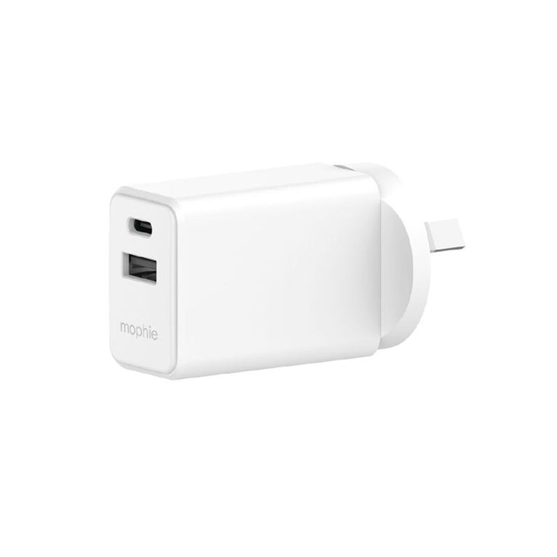 Mophie Essential 30W PD Dual Port Wall Charger - White, 1 USB-C, 1 USB-A Up to 30W Fast Charging Apple iPhones, Samsung Smart Phones, Solid Construction