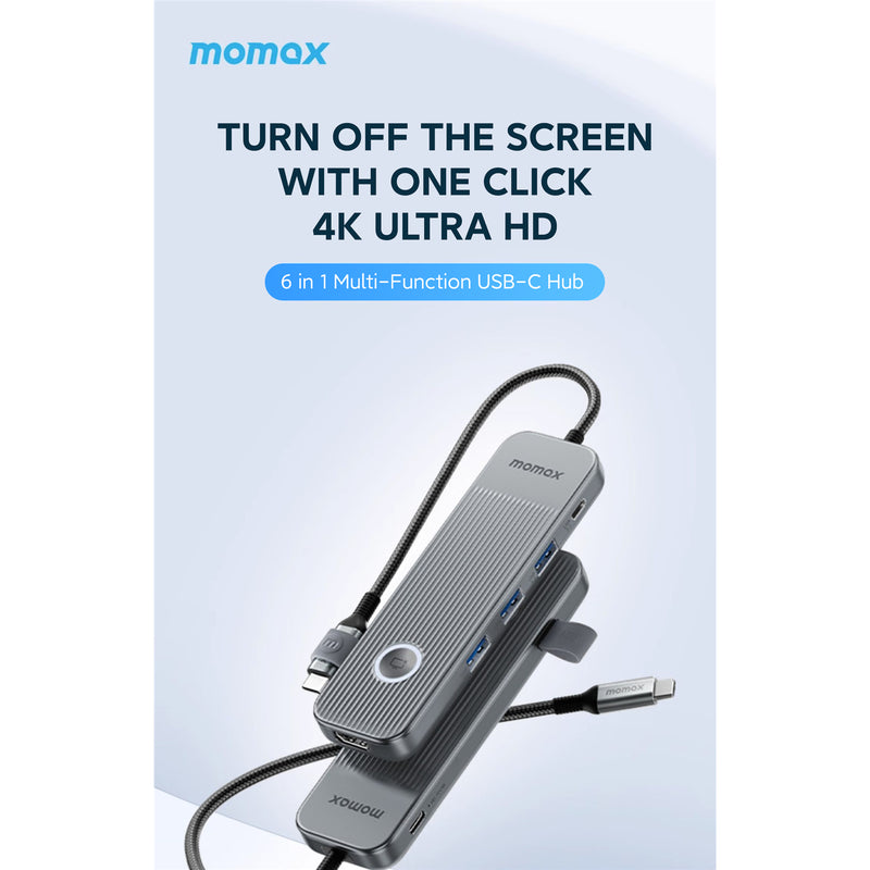 Momax USB-C 6 in 1 100W Power Delivery Hub Spacy Grey Support 100W PD3.0 Fast Charing, USB3.2 Gen1 High-speed transmission, 1x USB-C, 3x USB-A, 1x (4K 60Hz)HDMI