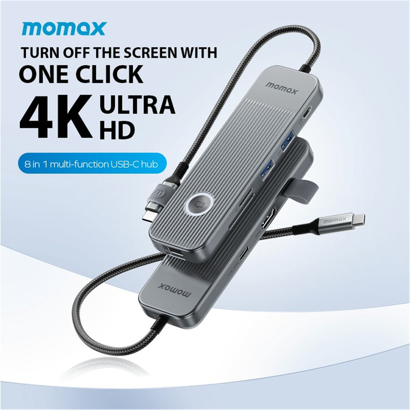 Momax USB-C 8 in 1 100W Power Delivery Hub -Titanium Support 100W PD3.0 Fast Charing, USB3.2 Gen1 High-speed transmission, 1x USB-C, 2x USB-A, 1x (4K 60Hz) HDMI, 1x Ethernet, 1x SD slot, 1x TF card slot
