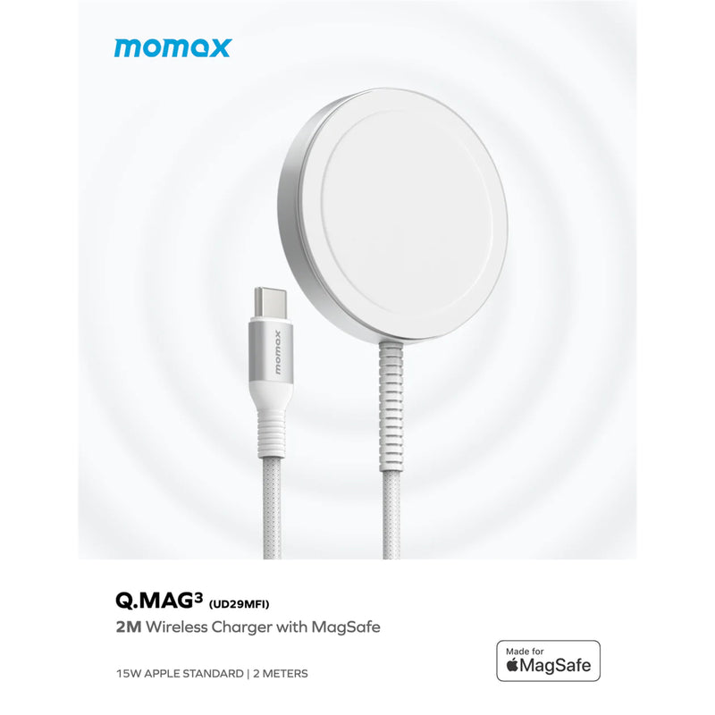 Momax Magsafe 15W Wireless Charging Pad with 2M Rugged Cable - White - Apple Magsafe Certified, 15W Fast Wireless Magsafe charging, 2M Type-C Rugged Cable
