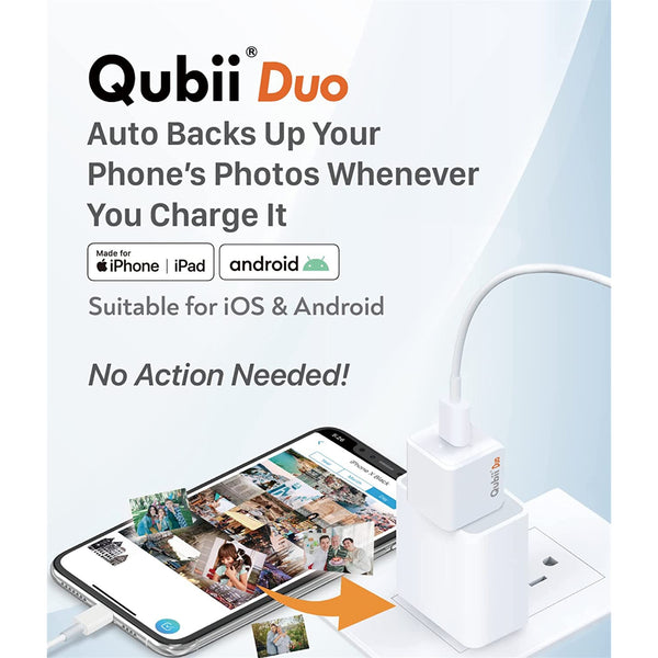 Maktar Qubii DUO USB C Auto Backup While Charging, MFi Certified, White, for iOS and Android - MicroSD card Required for Back up