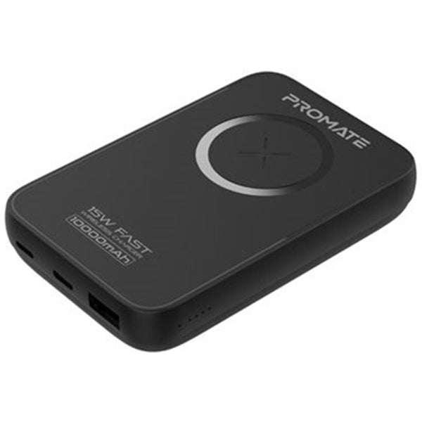 Promate POWERMAG-10P.BLK 10000mAh Magnetic Qi 15W Wireless Charging Powerbank 1x 20W PD Quick Charge 3.0 Port, 2x USB-C Ports, Ultra-Small Portable Design, Non-Slip Surface - Black Colour