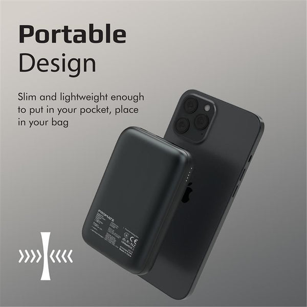 Promate POWERMAG-10P.BLK 10000mAh Magnetic Qi 15W Wireless Charging Powerbank 1x 20W PD Quick Charge 3.0 Port, 2x USB-C Ports, Ultra-Small Portable Design, Non-Slip Surface - Black Colour