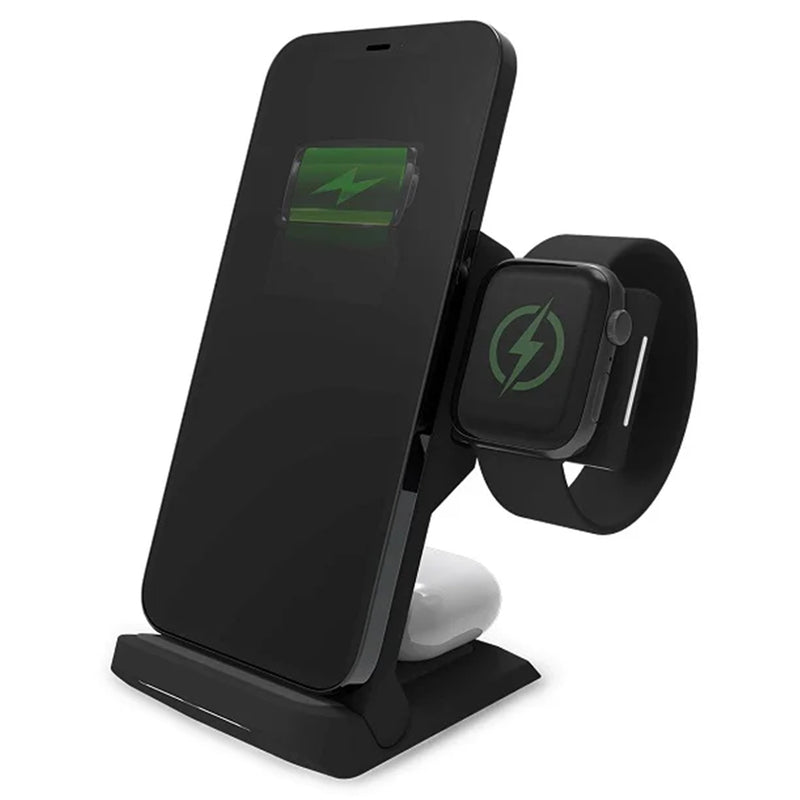 STM ChargeTree Go - 3-in-1 Portable Qi Certified Wireless Charging Station - Black, for iPhone 14, 13 & 12 Series, Apple Watch, and AirPods - Foldable and Space Saving Docking Solution