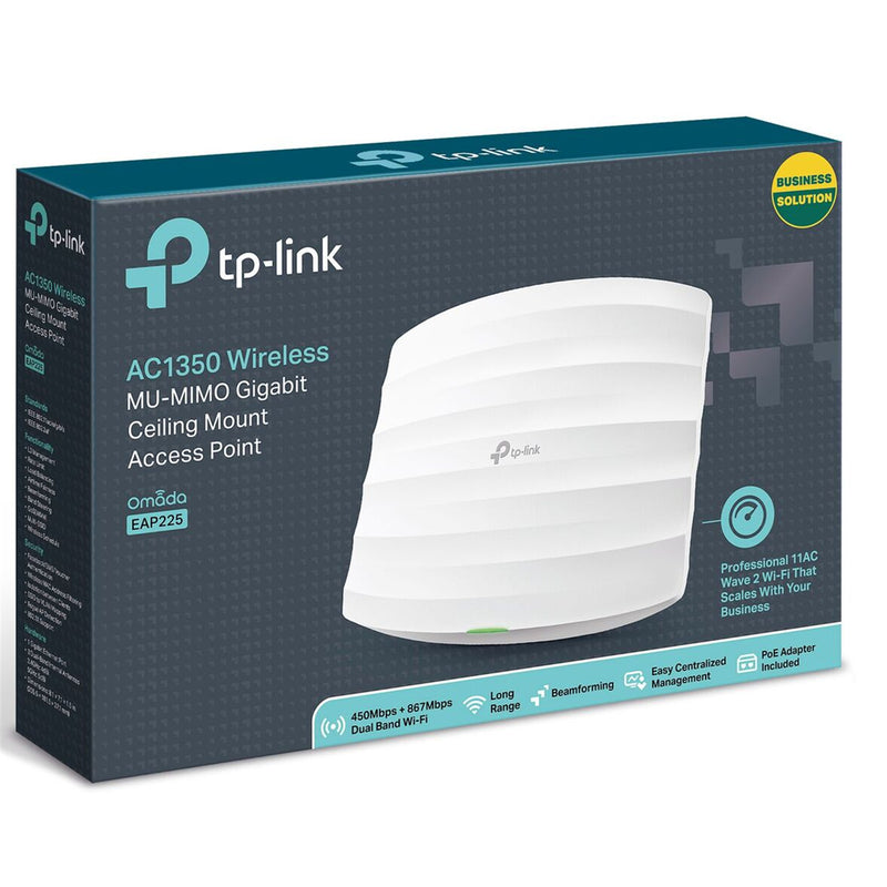 TP-Link Omada EAP225, MU-MIMO, Dual-Band AC1350 (450+867Mbps) Wi-Fi Access Point, 1 x Gigabit LAN, PoE 12.6W (PoE injector, Ceiling/Wall mounting kit included)