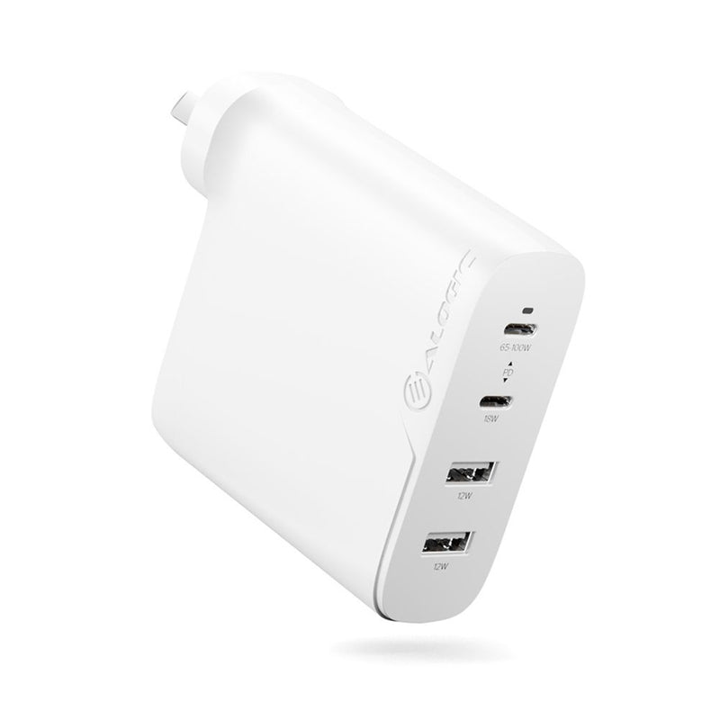 Alogic 4X100 Rapid Power 4 Port 100W GaN Wall Charger, USB-C (MAX 100W) + USB-C (MAX 18W) + USB-A (MAX 17W) X 2, Includes 2M 100W USB-C Charging Cable - White