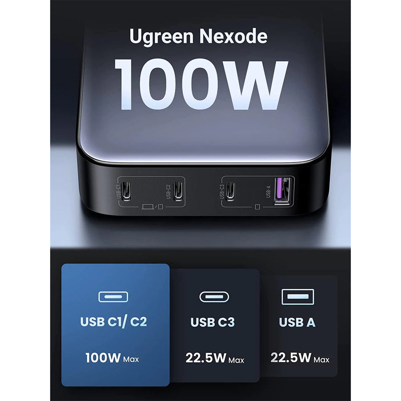 UGREEN Nexode CD328 100W 4 Ports GaN USB-C Desktop Power Charger - 1x USB-A & 3x USB-C - Compatible with MacBook Pro, iPhone 14/14 Plus/14 Pro/14 Pro Max/13/12, Galaxy S22, iPad, Steam Deck and More