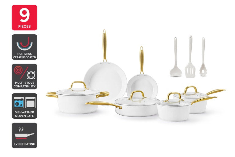 Ovela 9 Piece Non-Stick Ceramic Cookware Set with Utensils (White)