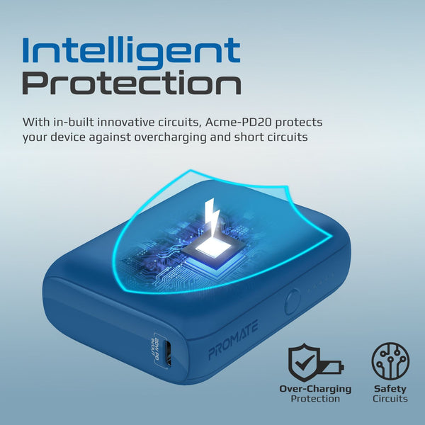 Promate ACME-PD20.BL PROMATE 10000mAhUltra-MiniPowerBankwithUSB-CInput.SimultaneousChargingviaUSB-Aand USB-C Output Ports. Built-in Over Charging and Short Cicuit Protection. 3 hour Recharging Time. Colour Blue