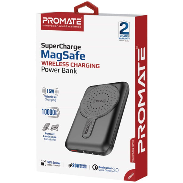 Promate POWERMAG-10PRO 10000mAh Magnetic Qi 15W Wireless Charging Power Bank - USB-C Input, USB-C (20W PD) & USB-A Ports - MagSafe Case Compatible - Portrait/Landscape Kick Stand - Multi Device Charging - Black