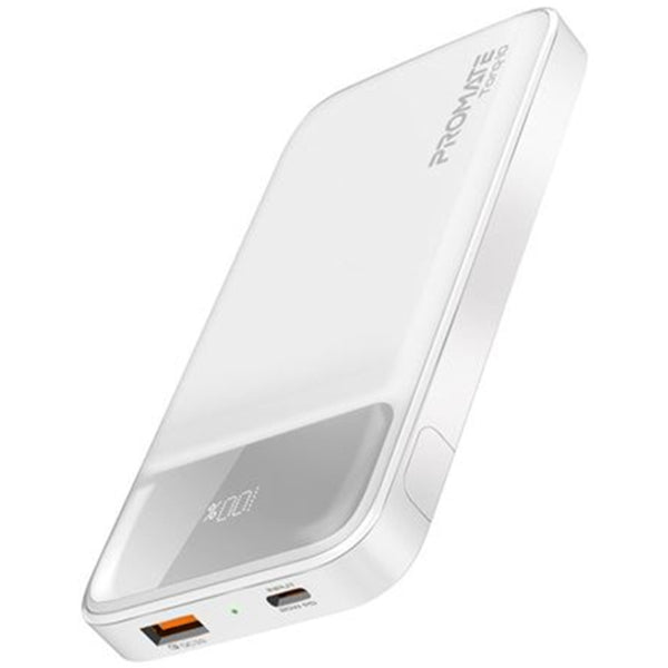 Promate TORQ-10.WHT 10000mAh Super-Slim Power Bank with Smart LED Display - 1x USB-A & 1x USB-C Charging Ports - 1x USB-C Input Port - Auto-Voltage Regulation - Includes Built-in Kick Stand - White Colour