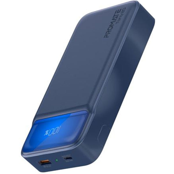 Promate TORQ-20.BL 20000mAh Super-Slim Power Bank with Smart LED Display - 1x USB-A & 1x USB- C ChargingPorts - 1xUSB-C Input Port - Auto-Voltage Regulation - Includes Built-in Kick Stand - Blue Colour