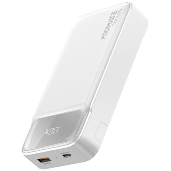 Promate TORQ-20.WHT 20000mAh Super-Slim Power Bank with Smart LED Display - 1x USB-A & 1x USB-C Charging Ports - 1xUSB-C Input Port - Auto-Voltage Regulation - Includes Built-in Kick Stand - White Colour