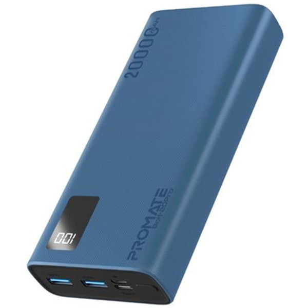 Promate BOLT-20PROBL 20000mAh Power Bank with Smart LED Display & Super Slim Design - Includes 2x USB-A & 1x USB-C Ports - 2A (Shared) Charging - Auto Voltage Regulation - Charge 3x Devices - Blue Colour