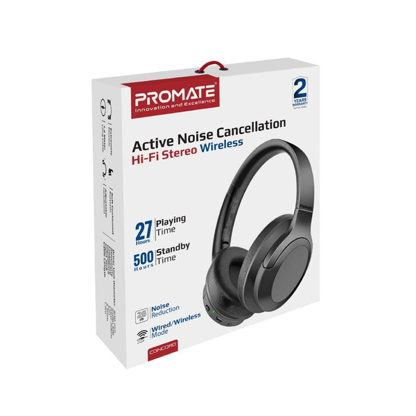 Promate CONCORD.BLK Stereo Bluetooth Wireless Over-ear Headphones. Up to 27 Hours Playback