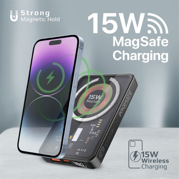 Promate TRANSPACK-10 10000mAh Power Bank with Transparent Magsafe 15W Wireless Charging - Supports 20W PowerDelivery - Includes 1x USB-C In/Out, 1x USB-A Ports - Carbon Fiber Design Charge 3x Devices - Black Colour