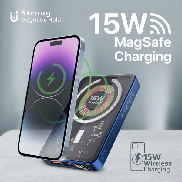 Promate TRANSPACK-10 10000mAh Power Bank with Transparent Magsafe 15W Wireless Charging - Supports 20W PowerDelivery - Includes 1x USB-C In/Out, 1x USB-A Ports - Carbon Fiber Design Charge 3x Devices - Blue Colour