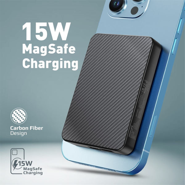 Promate TRANSPACK-5 5000mAh Power Bank with Transparent Magsafe 15W Wireless Charging - Supports 20W PowerDelivery - Includes 1x USB-C In/Out, 1x USB-A Ports - Carbon Fiber Design Charge 3x Devices - Black Colour
