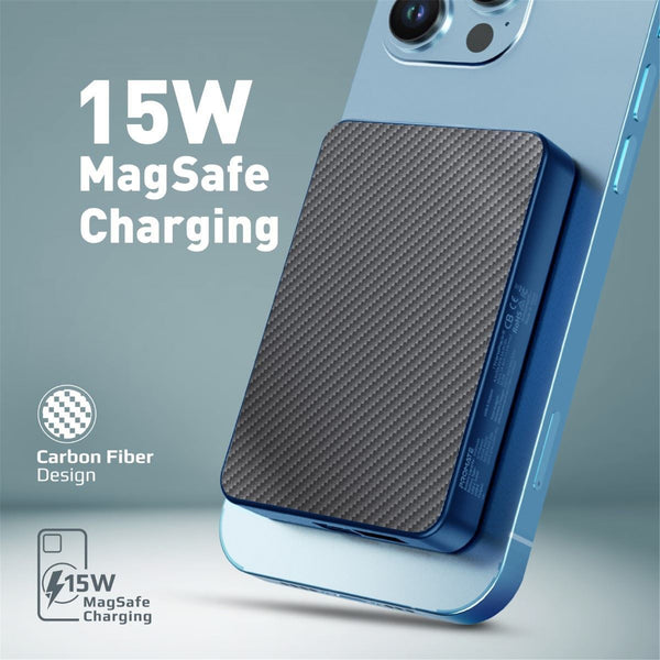 Promate TRANSPACK-5 5000mAh Power Bank with Transparent Magsafe 15W Wireless Charging Supports 20W Power Delivery - Includes 1x USB-C In/Out, 1x USB-A Ports - Carbon Fiber Design Charge 3x Devices - Blue Colour