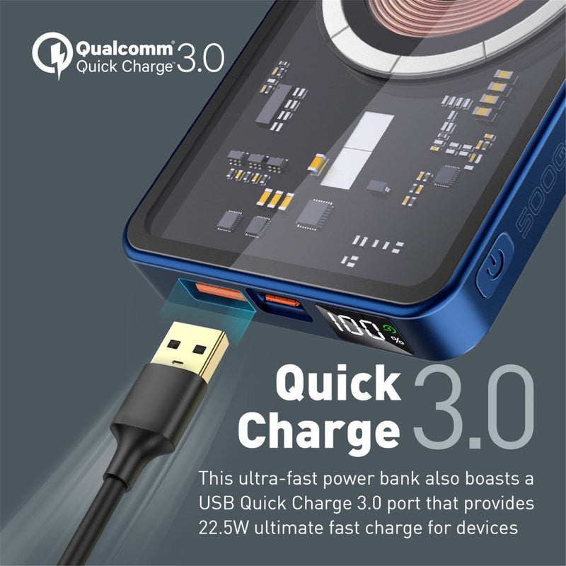 Promate TRANSPACK-5 5000mAh Power Bank with Transparent Magsafe 15W Wireless Charging Supports 20W Power Delivery - Includes 1x USB-C In/Out, 1x USB-A Ports - Carbon Fiber Design Charge 3x Devices - Blue Colour