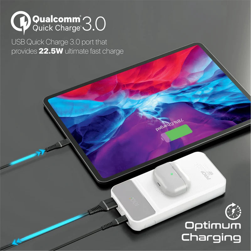 Promate AURATORQ-20.WHT 20000mAh Wireless Charging Power Bank with LED Display - Ultra-Slim, 15W Charging, KickStand, Supports 20W PD, QC3.0, USB-C In/Out, Universal Compatibility, White Colour