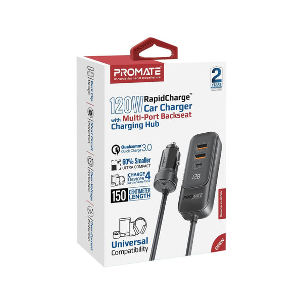 Promate 120W In-Car Device Charger with Backseat 3 Port Charging Hub. Includes 2x USB-C &2xUSB-APorts. Supports 30W QC3.0. LED DIsplay, 1.5m Cable, Ultra Small & Compact. Charge 4x Devices Simultaneously.