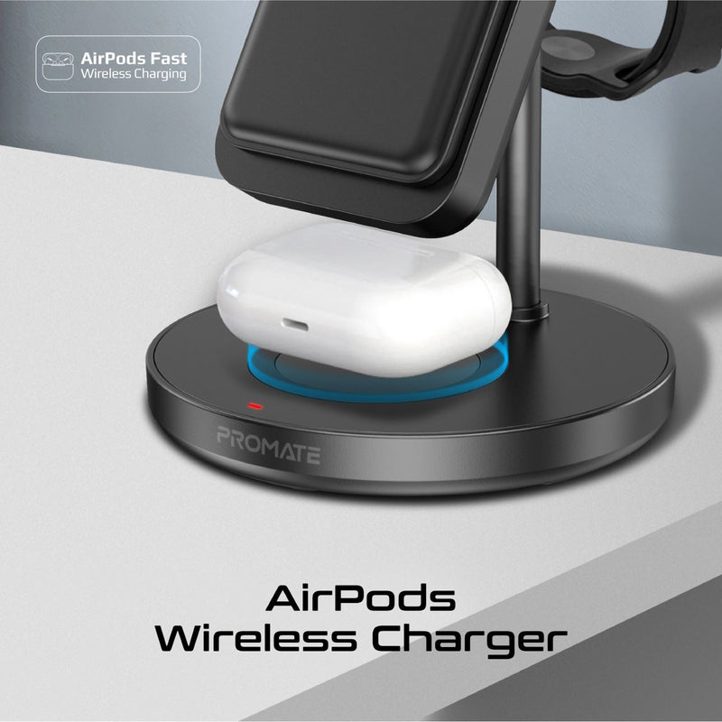 Promate ROVERPACK 4-in-1 Charging Station. Includes 15W Magsafe Compatible Wireless Charging10000mAhPower Bank, 5W AirPods Charger, Detachable 2W Apple Watch Charger. Supports 20W PD. Qualcomm QC 3.0.
