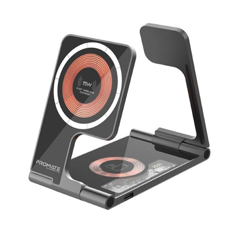 Promate AURAFOLD-TRIO 3-in-1 Ultra-Slim Foldable 15W Magsafe Wireless Charging Station. 3W Apple WatchCharger.5WAirpods Wireless Charger. Pocket-Sized Foldable Design. Includes 1m Cable. USB-C Port.